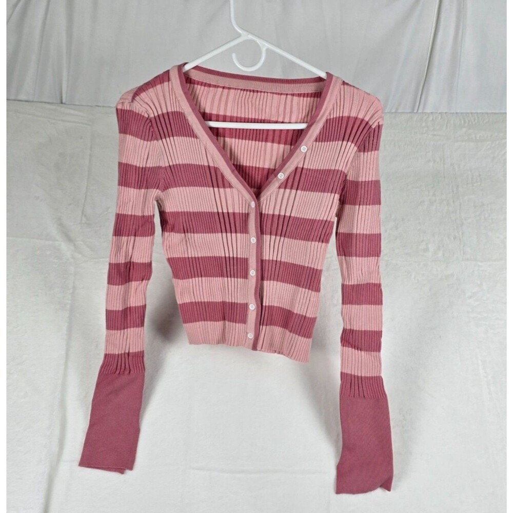 V-Neck Cardigan Sweater Women Large Cropped Pink Striped Ribbed Long Sleeve